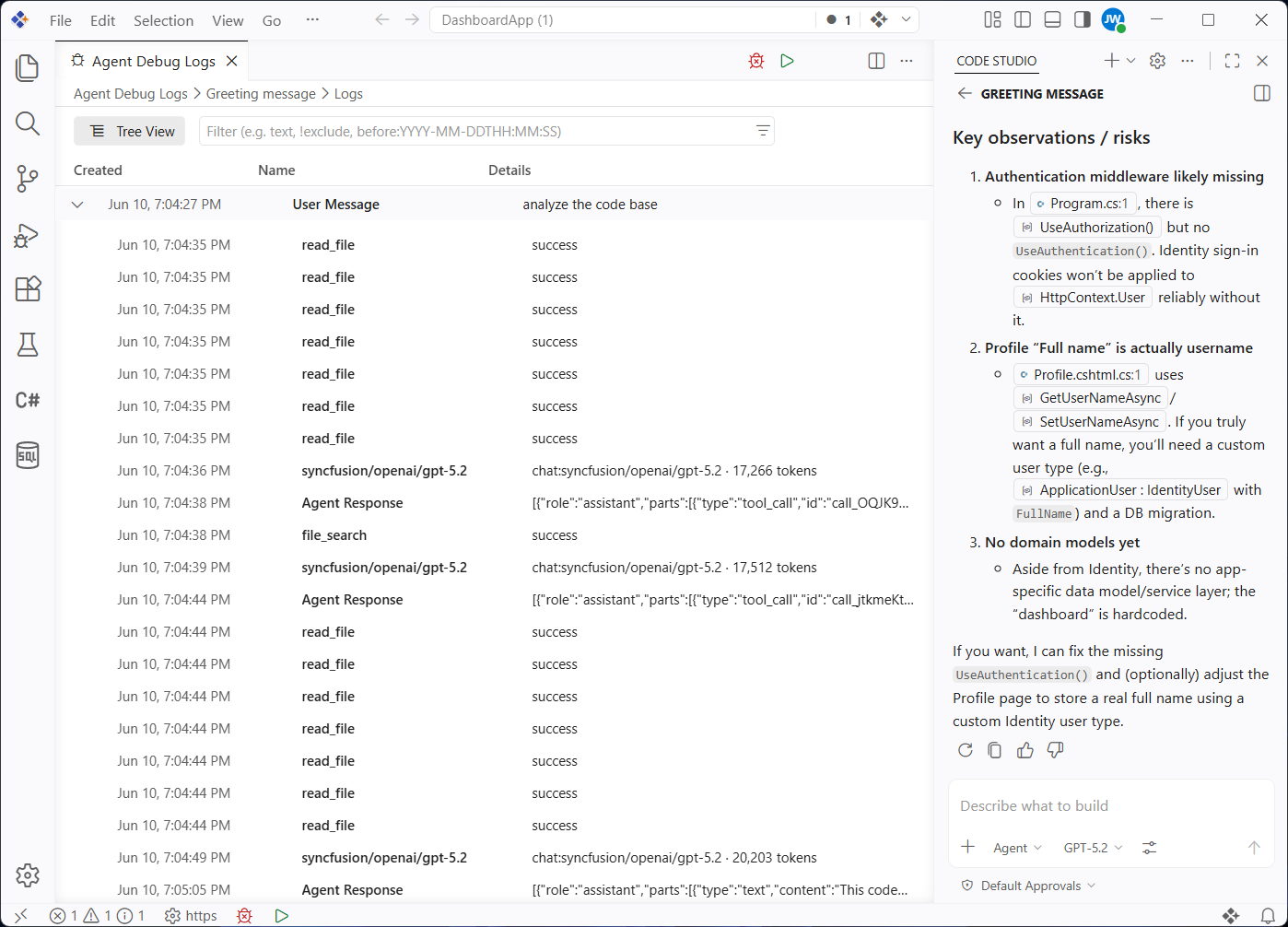 Agent debug panel showing session events and loaded customizations