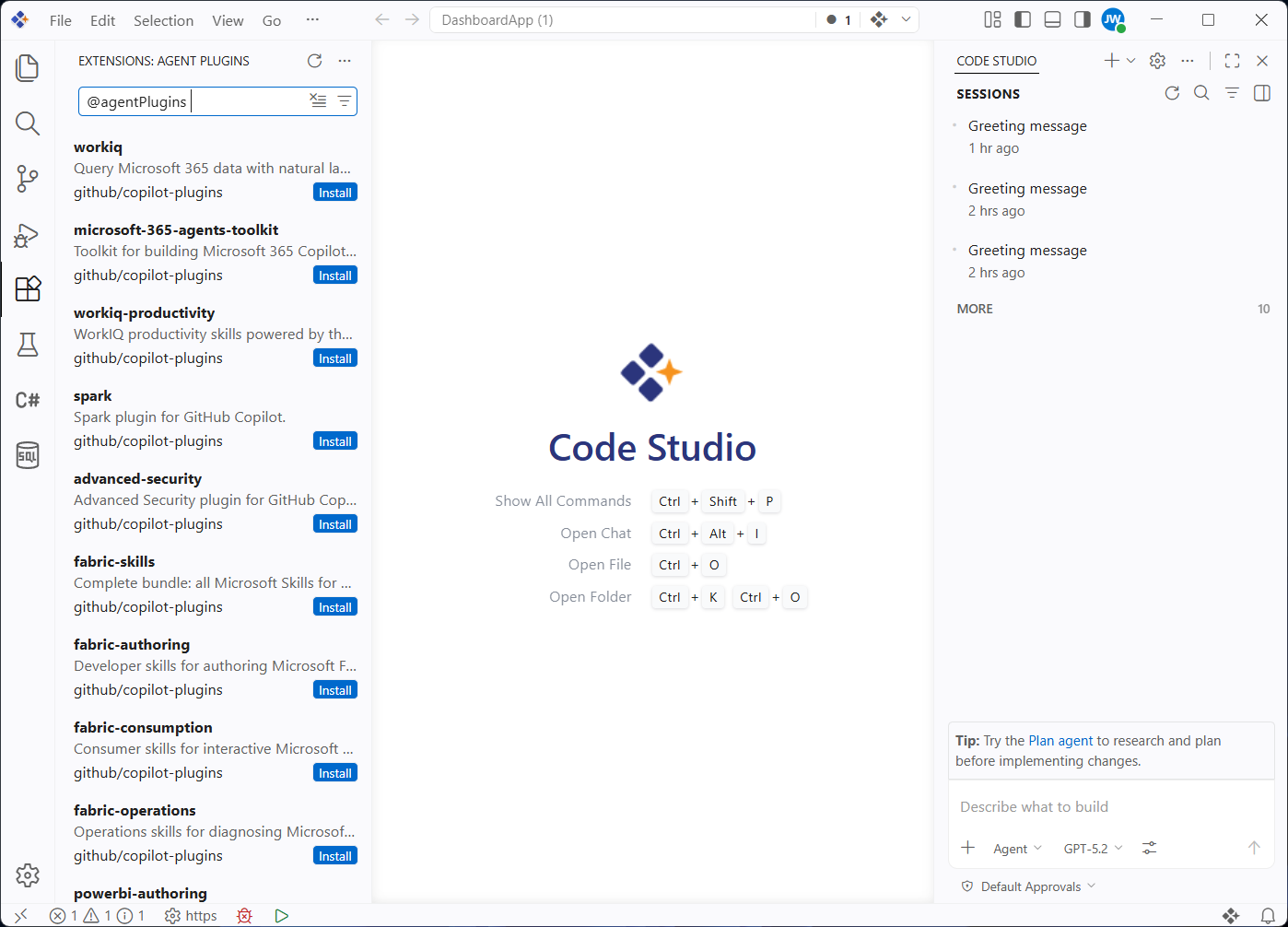 Agent plugins view listing installable chat customizations