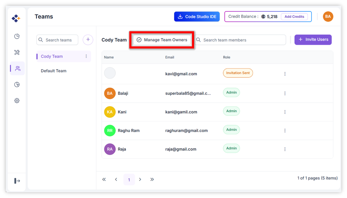 Manage Team Owners
