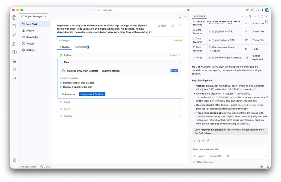 Project manager panel showing a staged software delivery workflow