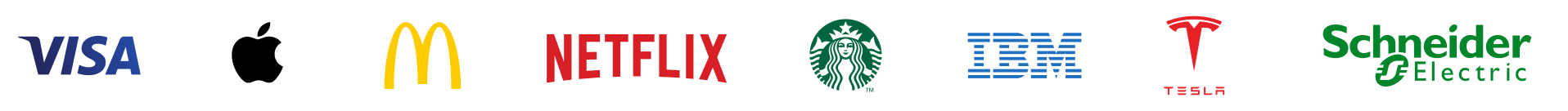 Visa, Apple, McDonald's, Netflix, Starbucks, IBM, Tesla, and Schneider Electric